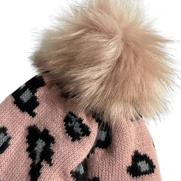 Super Cute & Cozy Pink Animal Print Knit Beanie Hat with Pom, One Size - Picture 5 of 7